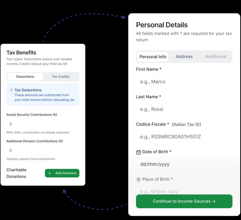 Dashboard della piattaforma ItalianTaxes.com con l'interfaccia per la dichiarazione dei redditi