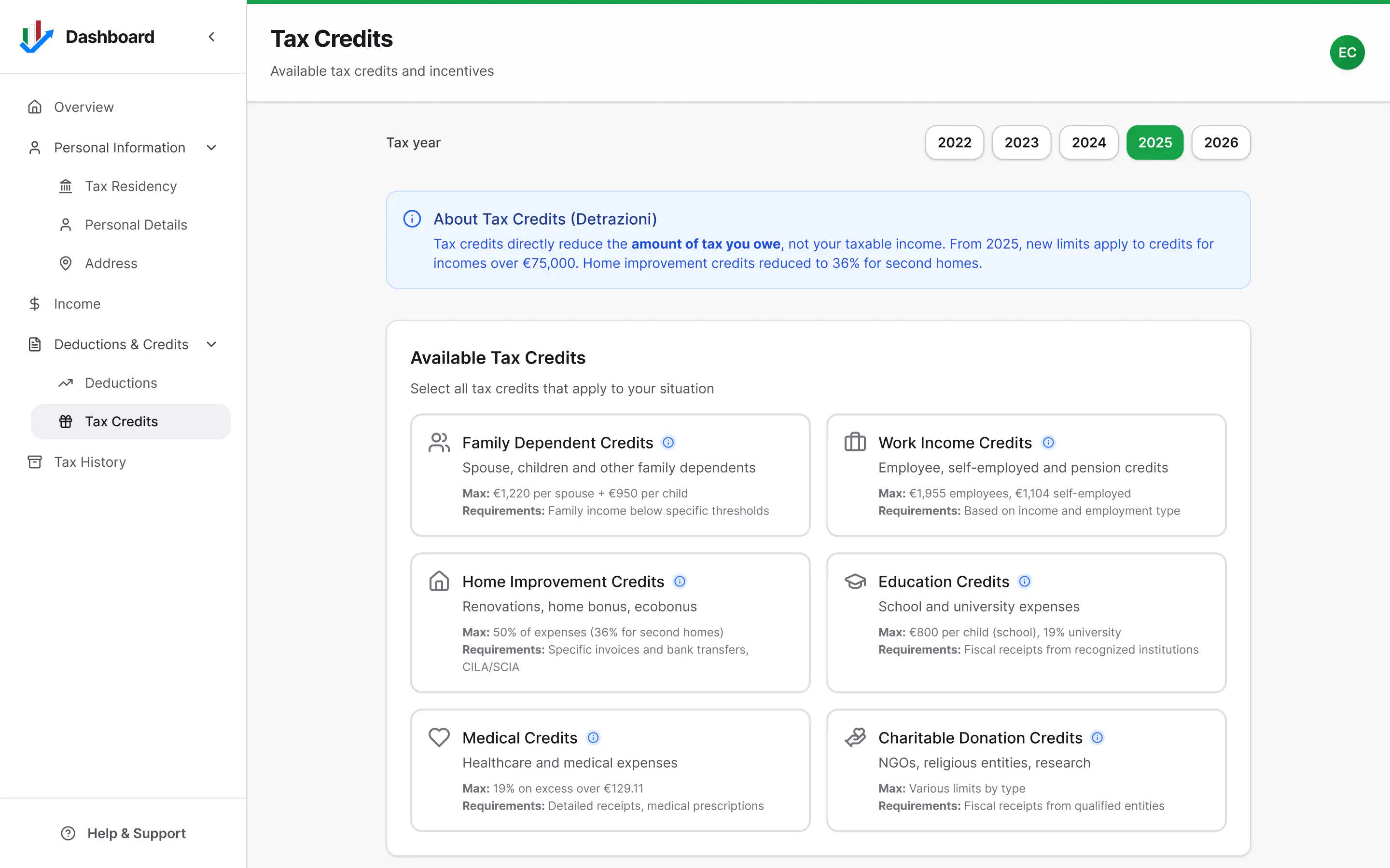ItalianTaxes.com tax credits dashboard