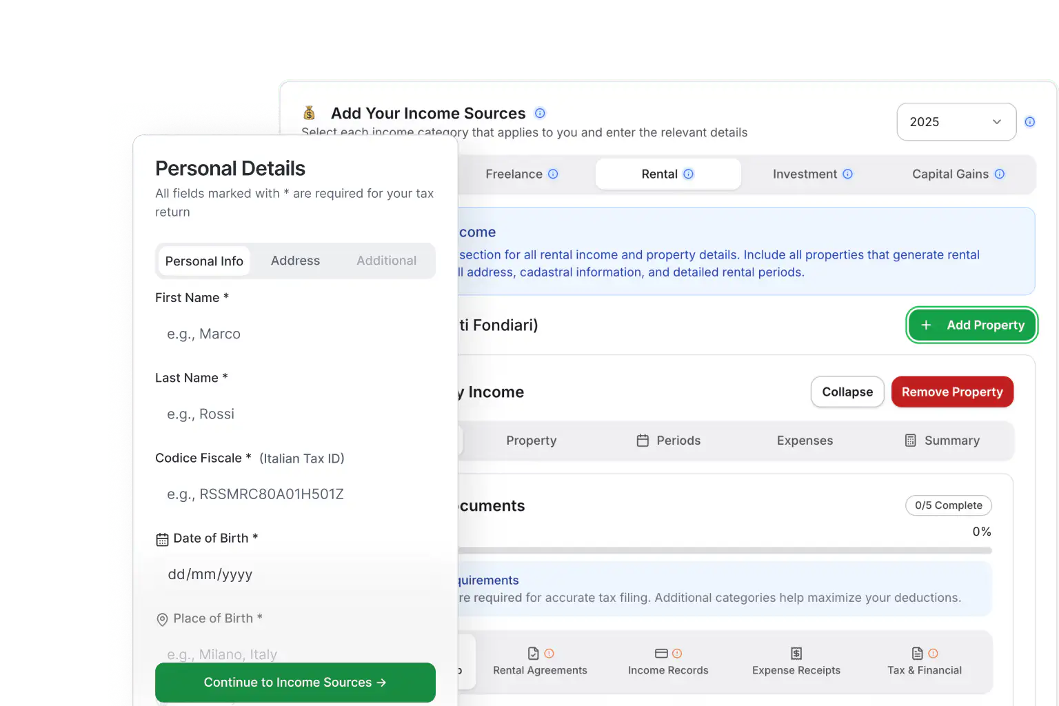 Dashboard di dichiarazione di ItalianTaxes.com con il modulo per i redditi da locazione